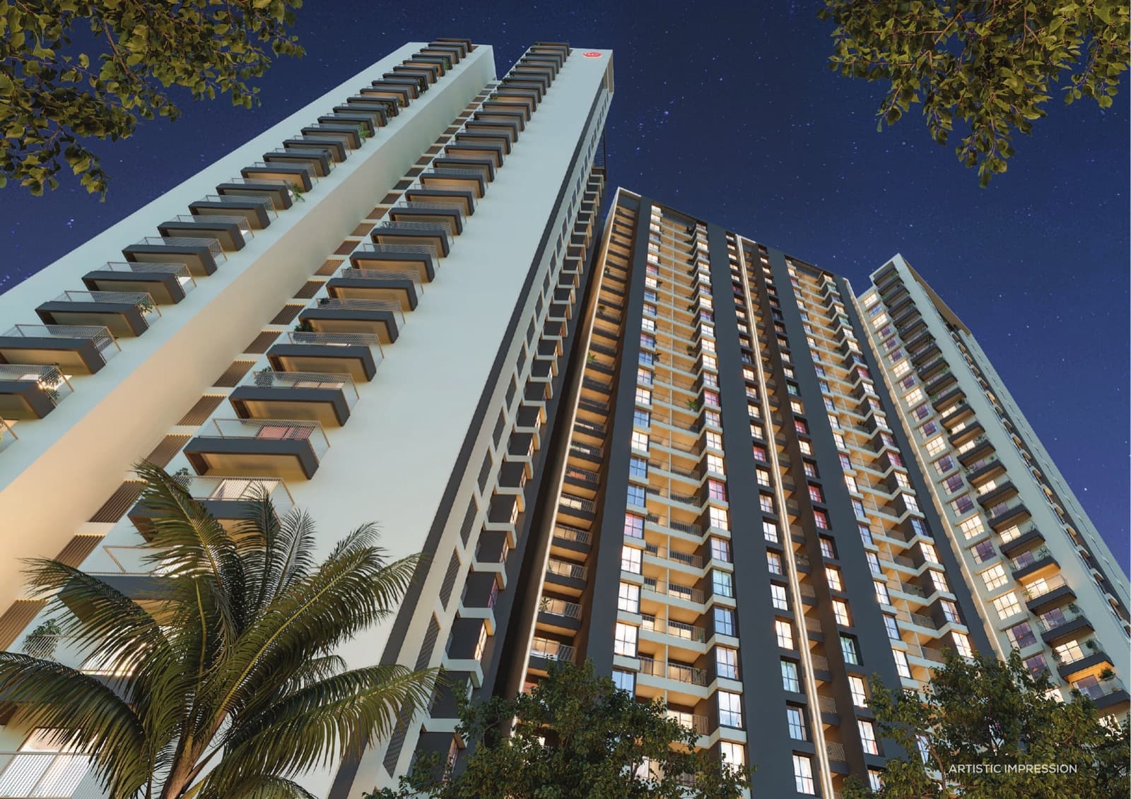 Mangalam Momento twin tower elevation at night, artistic impression