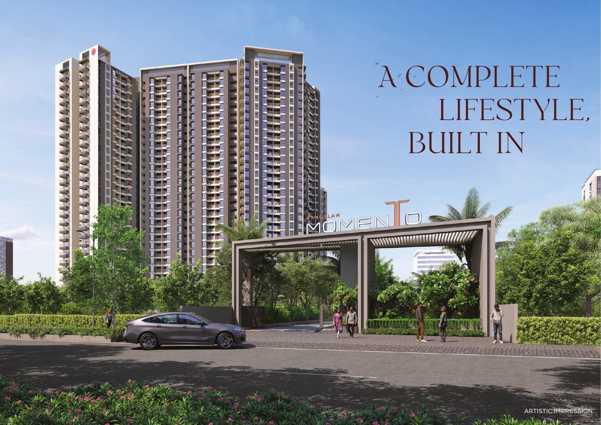 Mangalam Momento Moshi project entrance and tower elevation, artistic impression