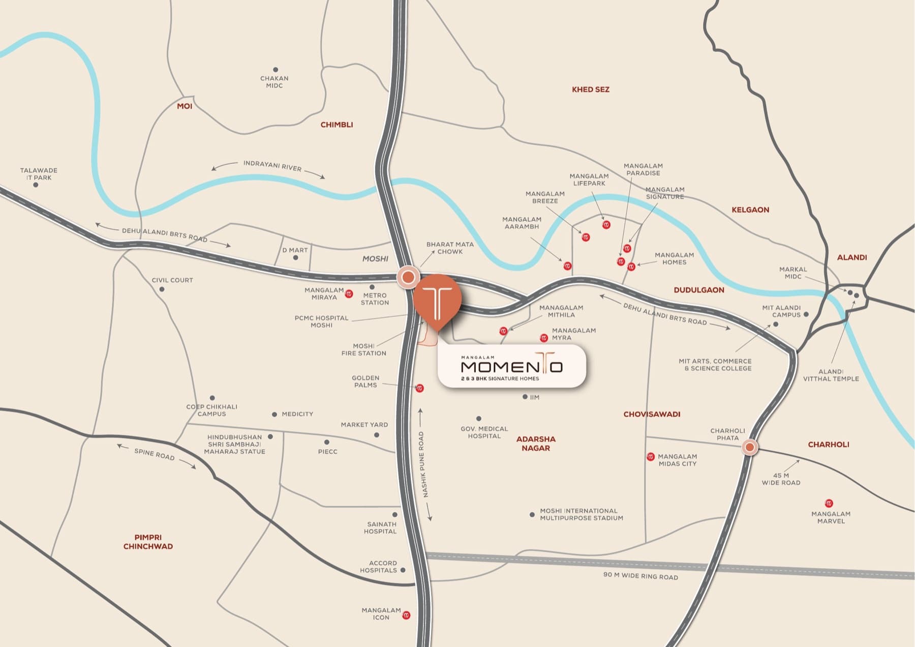 Mangalam Momento location map showing nearby landmarks in Moshi, Pune